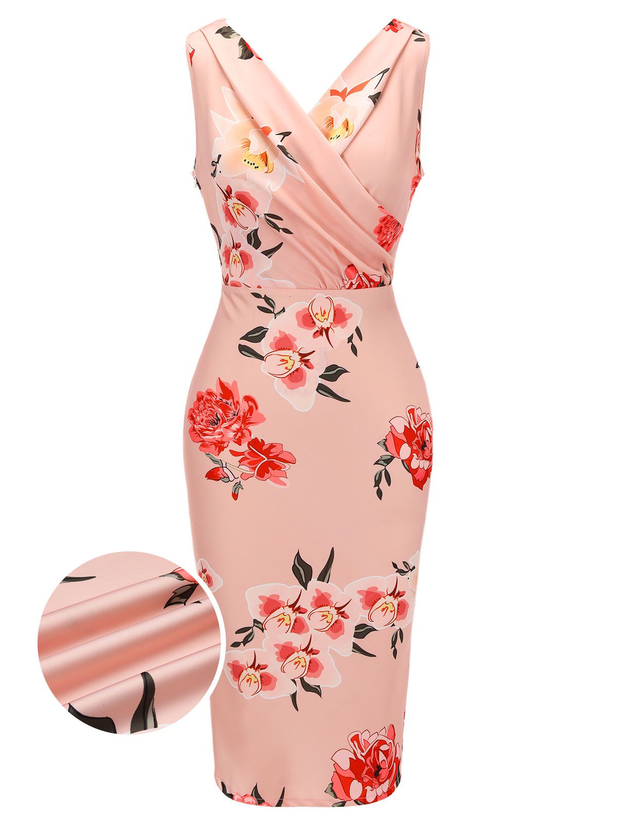 Pink V-neck Wrap Floral Pencil Dress