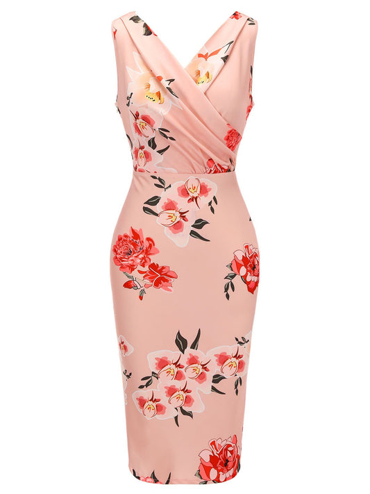 Pink V-neck Wrap Floral Pencil Dress