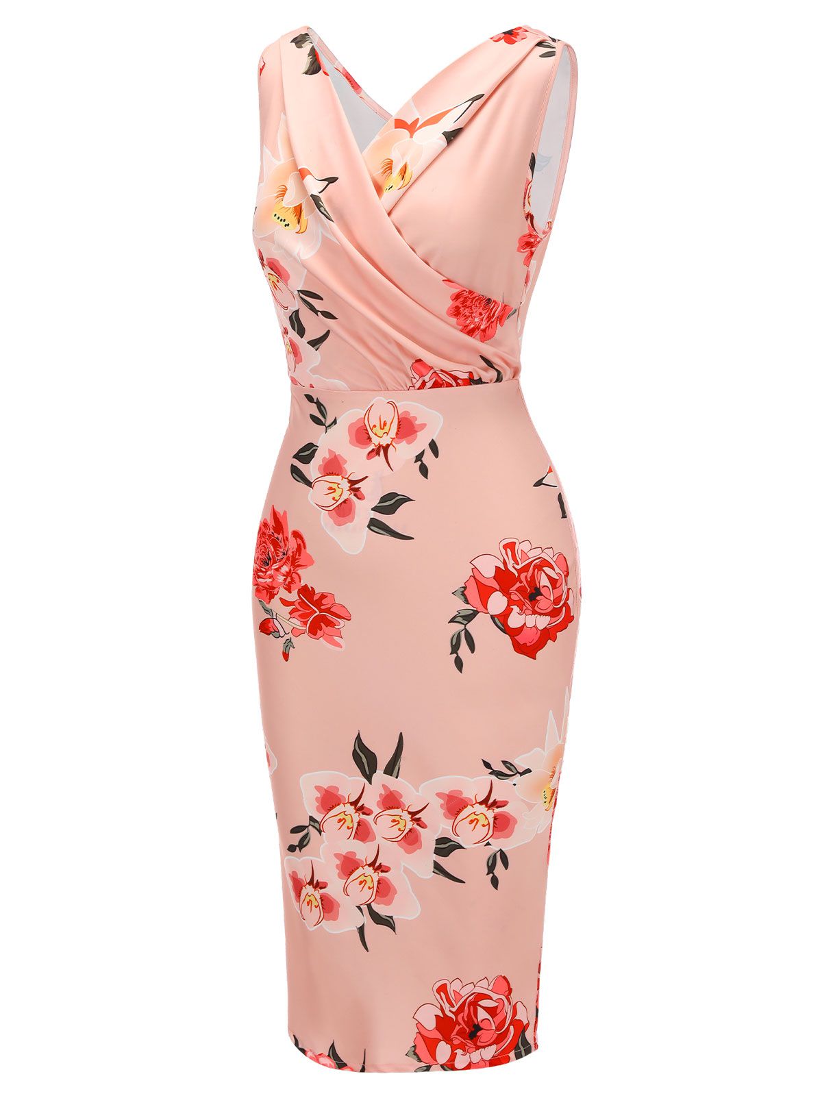 Pink V-neck Wrap Floral Pencil Dress