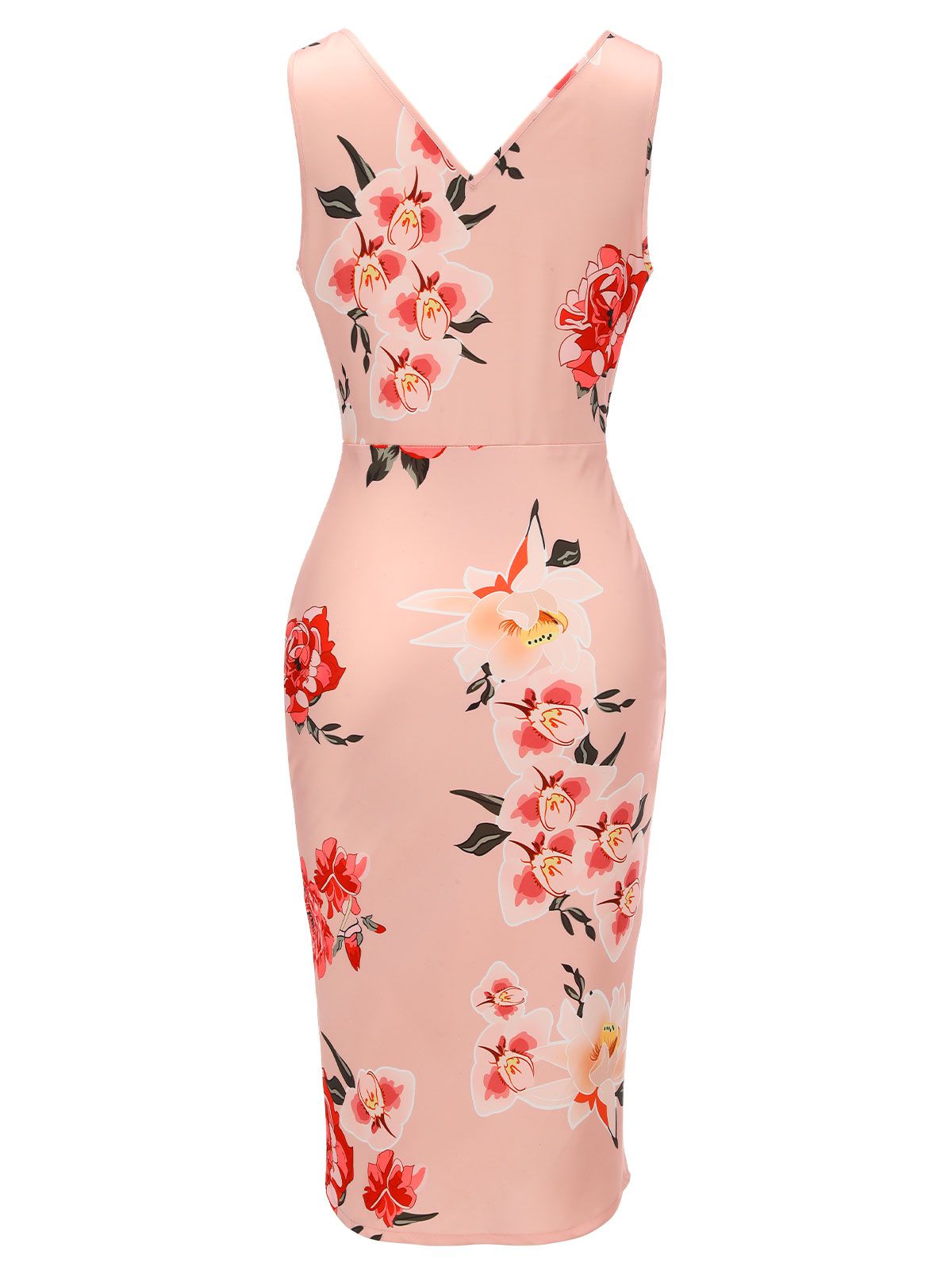 Pink V-neck Wrap Floral Pencil Dress