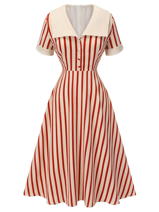 Red Lapel Vertical Stripes Dress