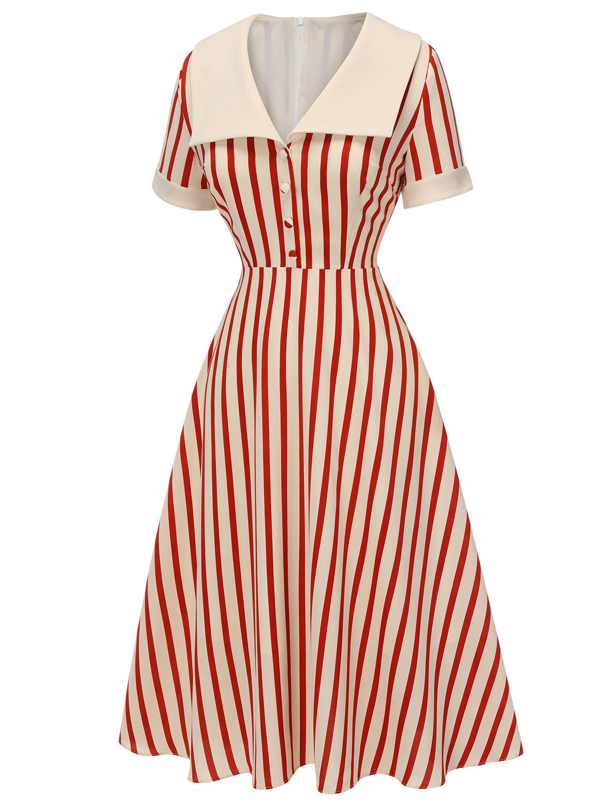 Red Lapel Vertical Stripes Dress