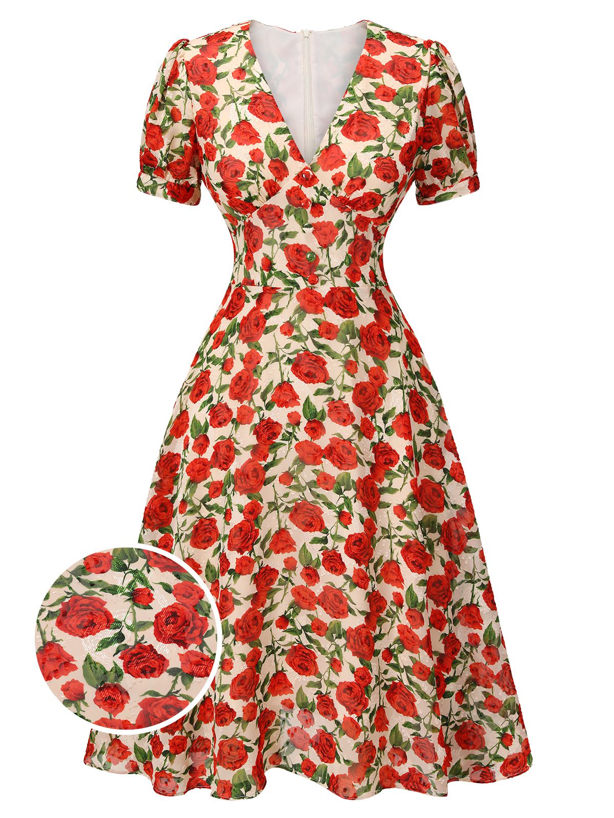 Red Rose V-Neck Swing Dress