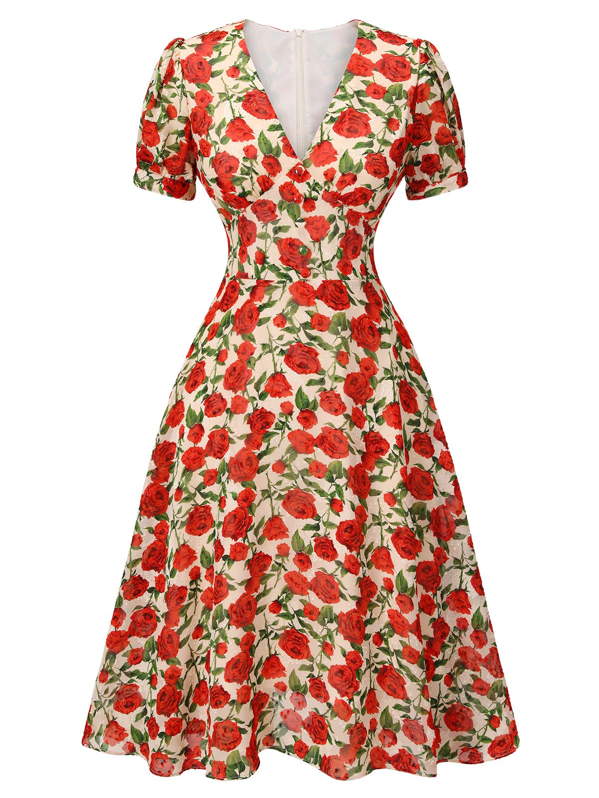 Red Rose V-Neck Swing Dress