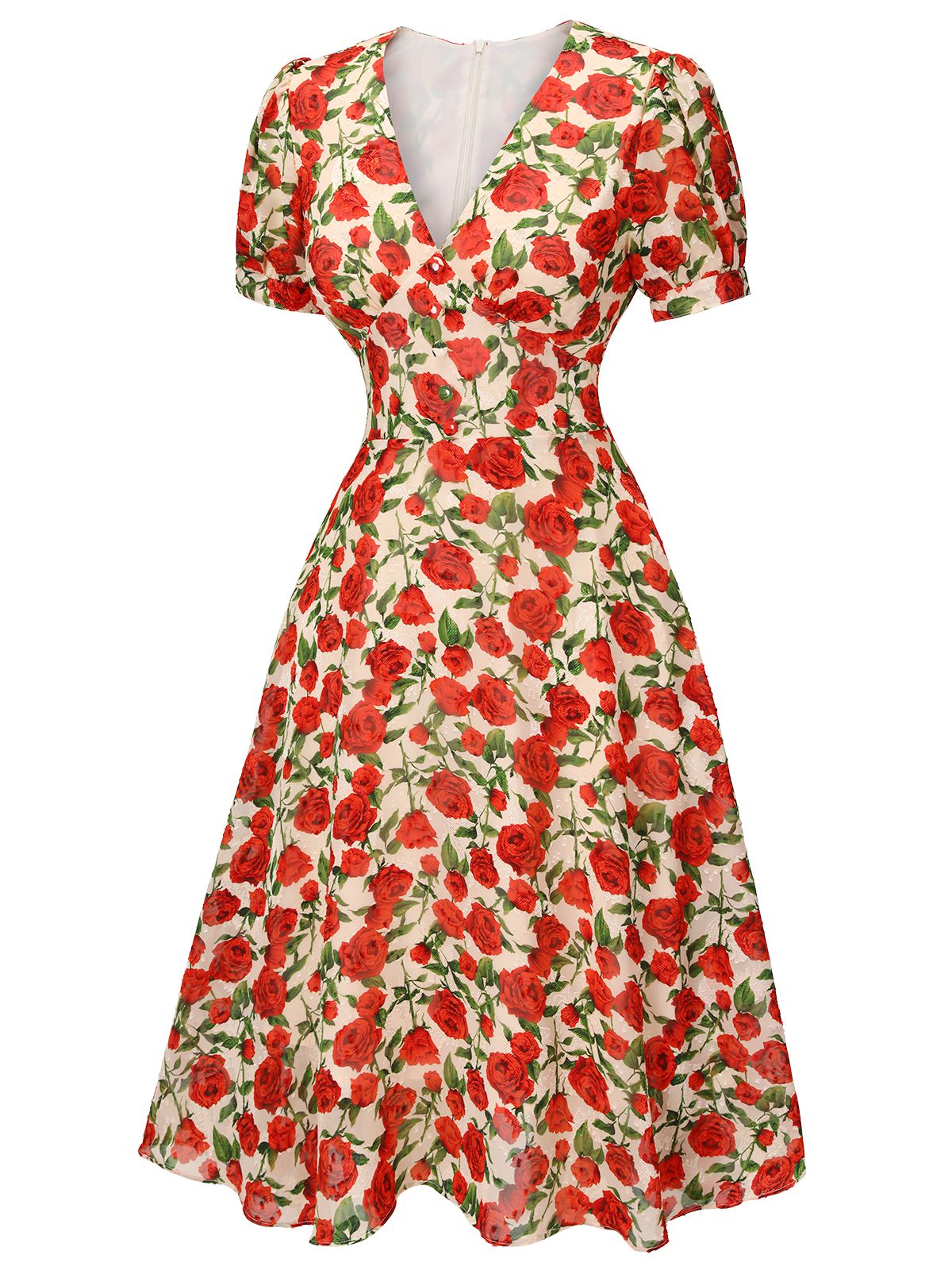 Red Rose V-Neck Swing Dress