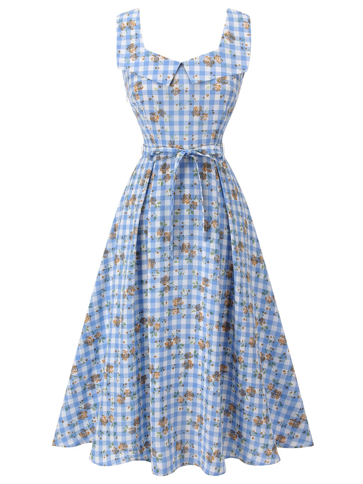 Blue Rose Plaid Lace Up Dress