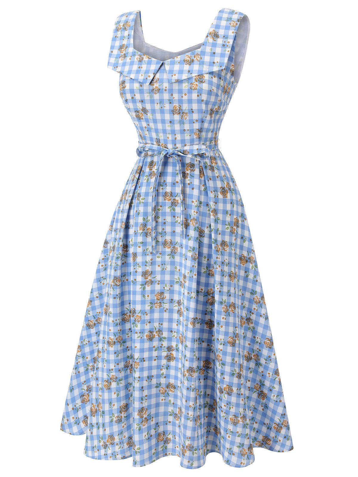 Blue Rose Plaid Lace Up Dress