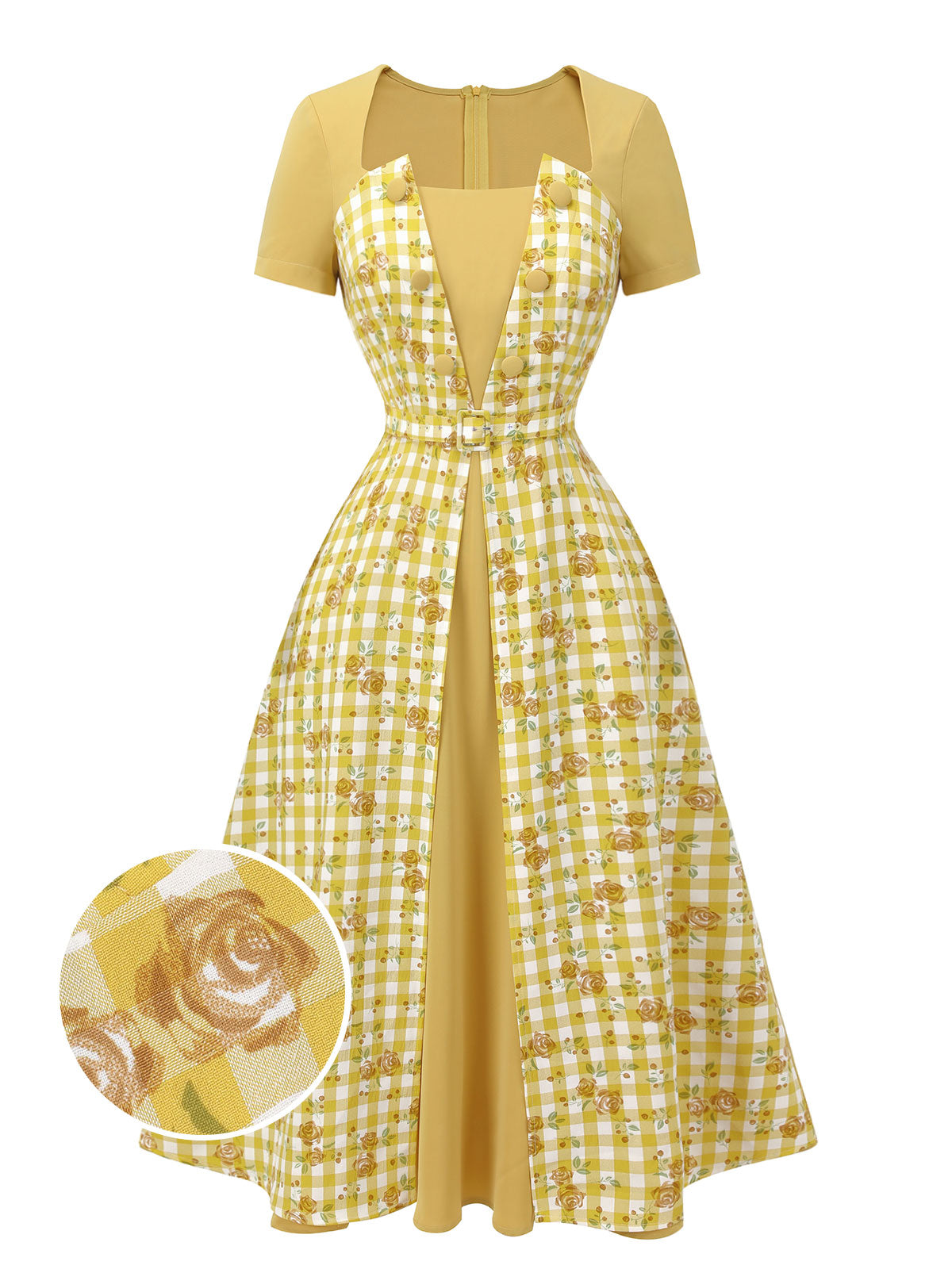 Yellow Plaid Rose Panel Raglan Dress