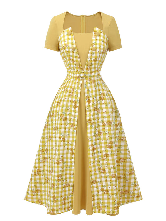 Yellow Plaid Rose Panel Raglan Dress