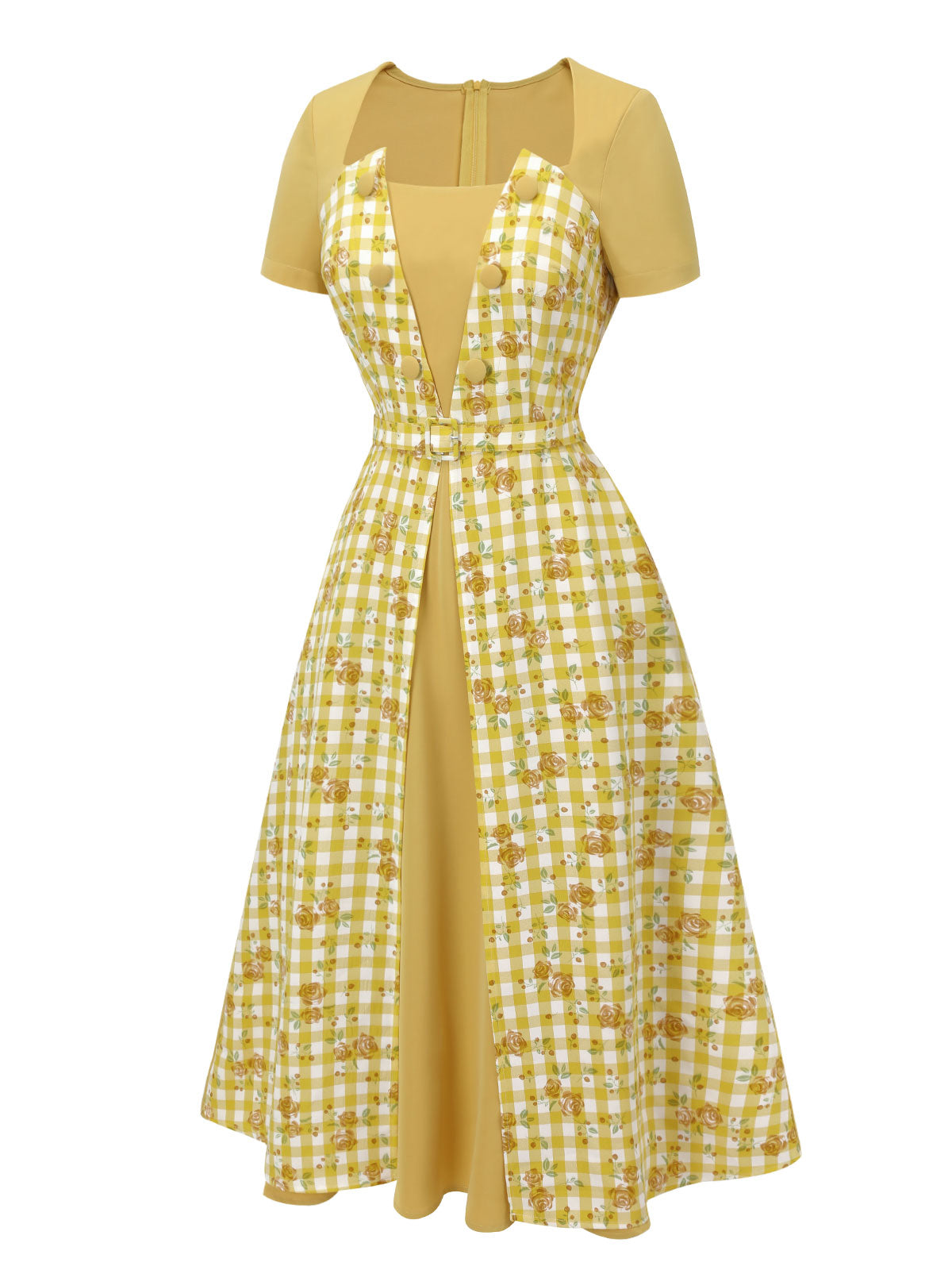 Yellow Plaid Rose Panel Raglan Dress