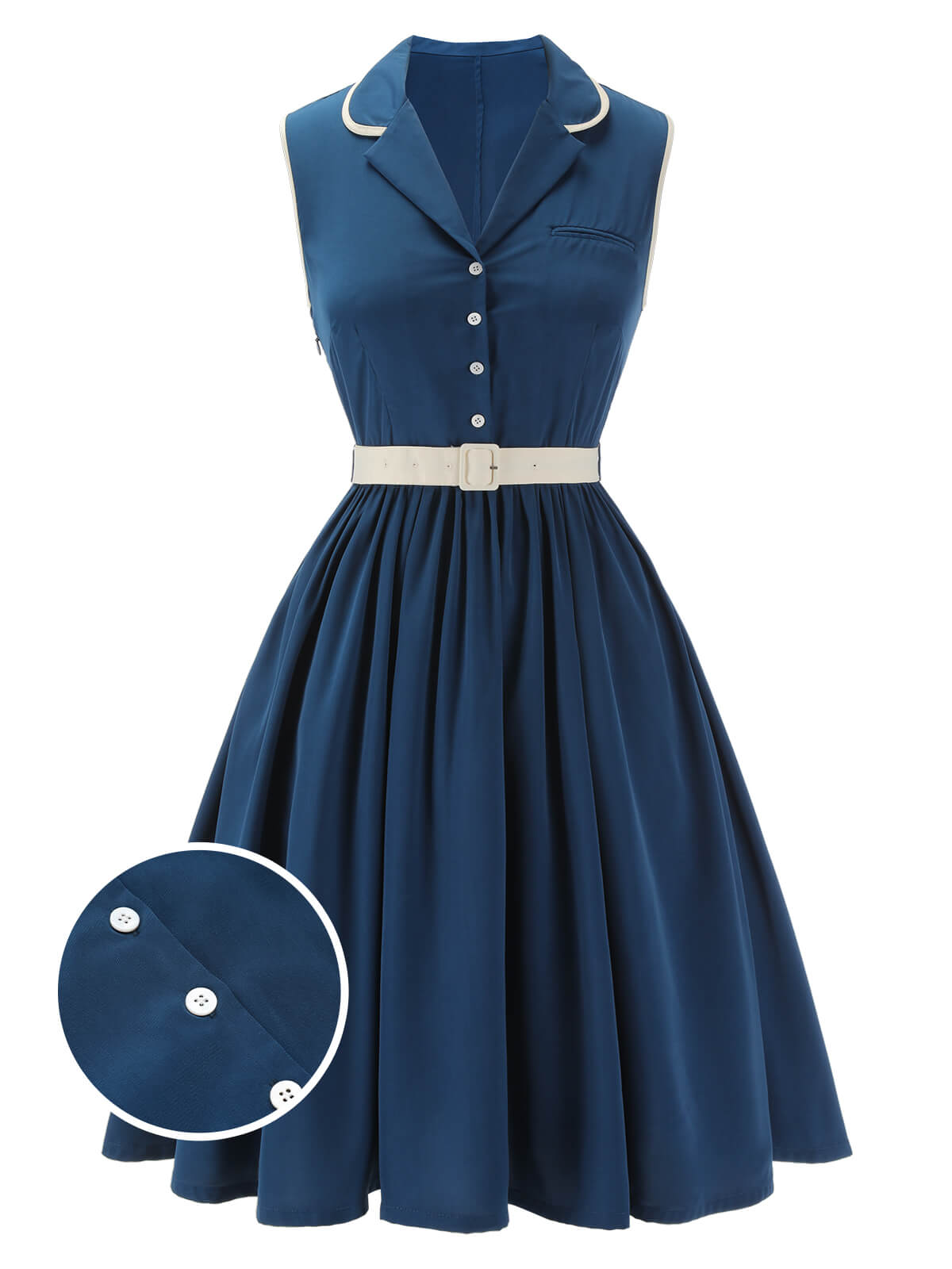 Navy Blue Sleeveless Lapel Dress