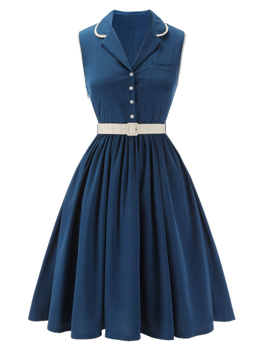 Navy Blue Sleeveless Lapel Dress