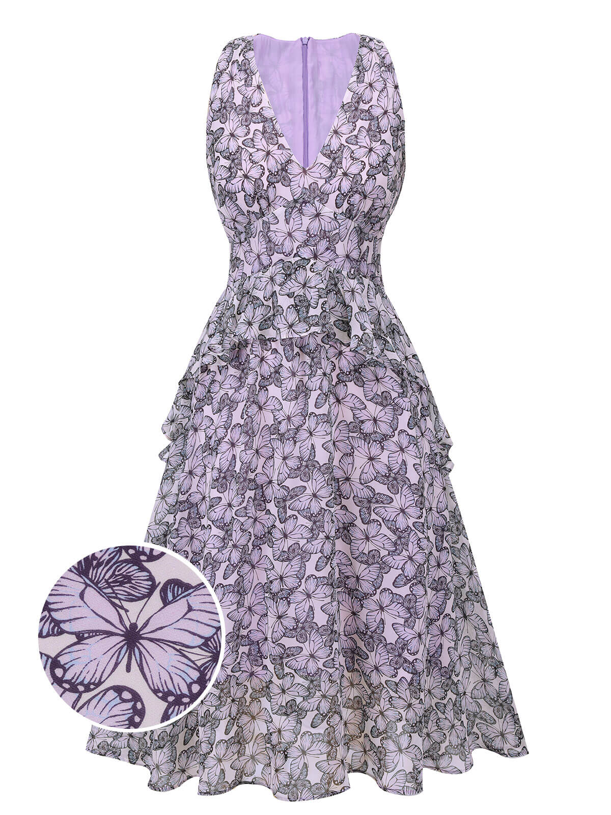 Purple Butterfly V-Neck Sleeveless Dress