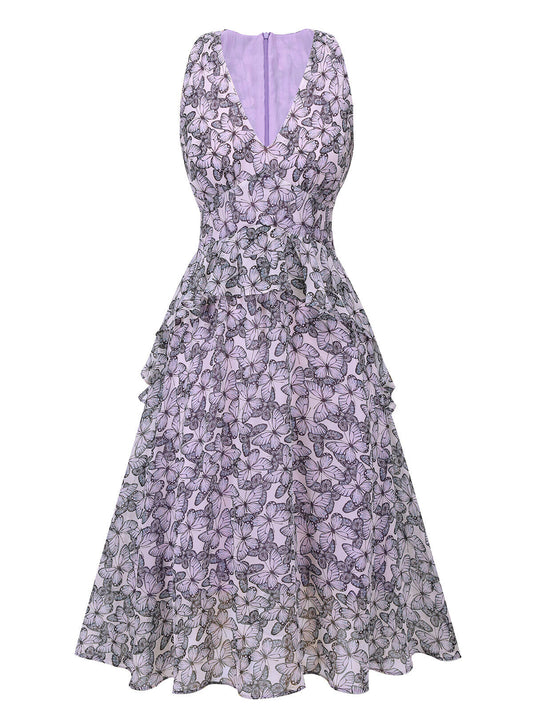 Purple Butterfly V-Neck Sleeveless Dress