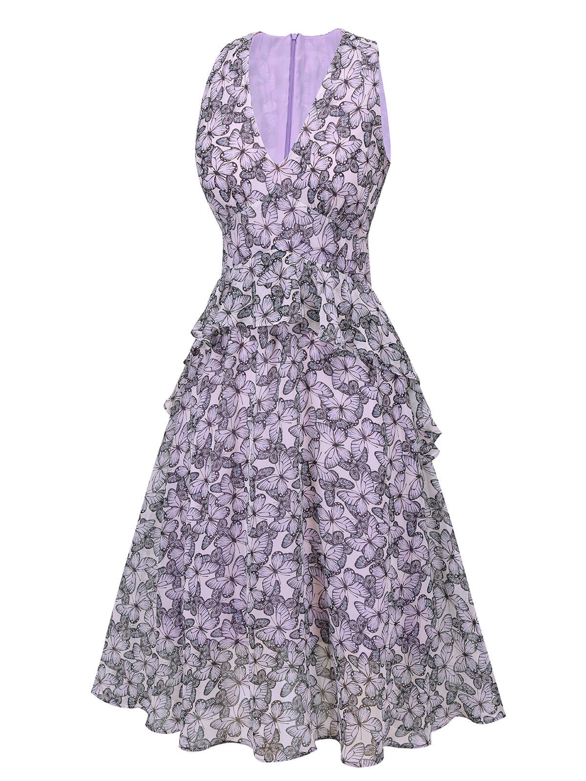 Purple Butterfly V-Neck Sleeveless Dress