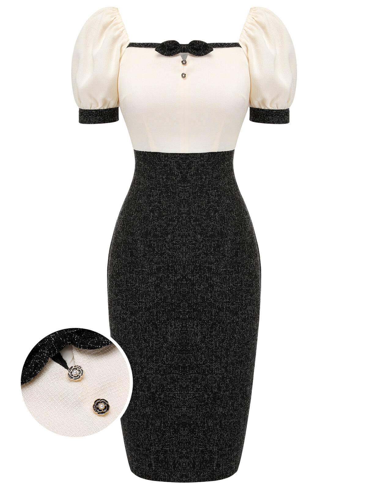 Black & Beige  Puff Sleeve Pencil Dress