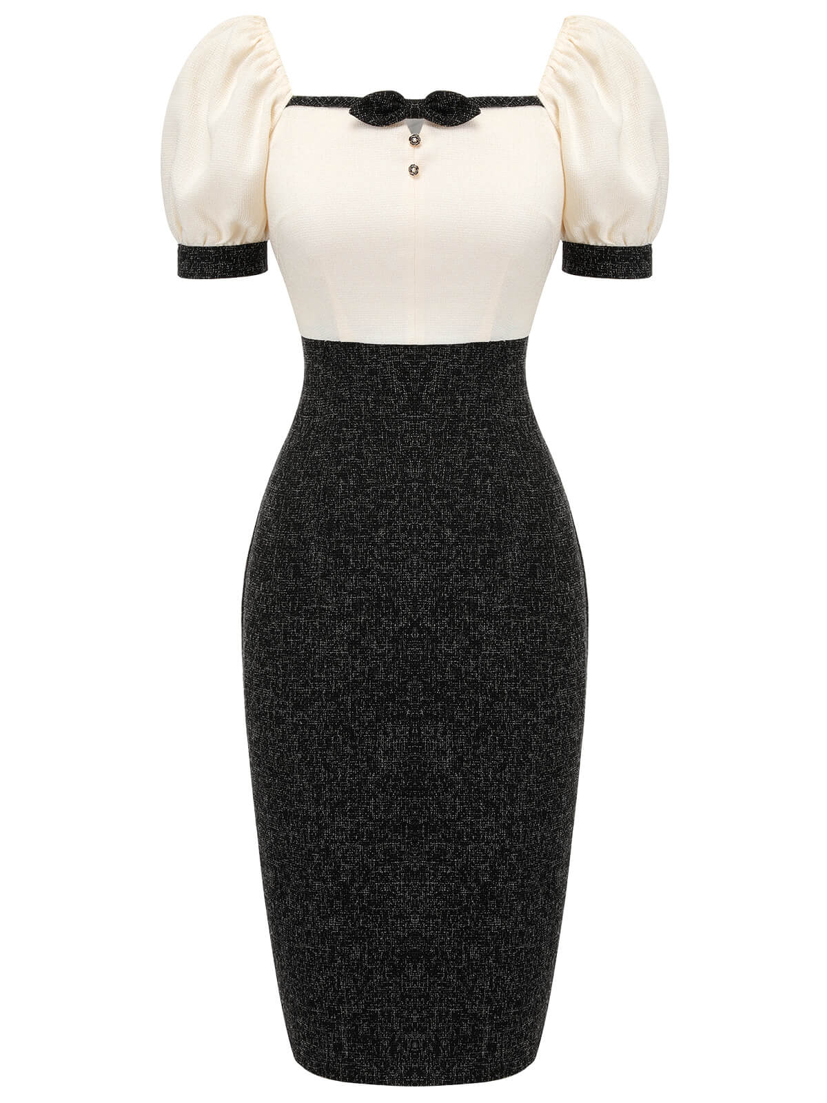 Black & Beige  Puff Sleeve Pencil Dress