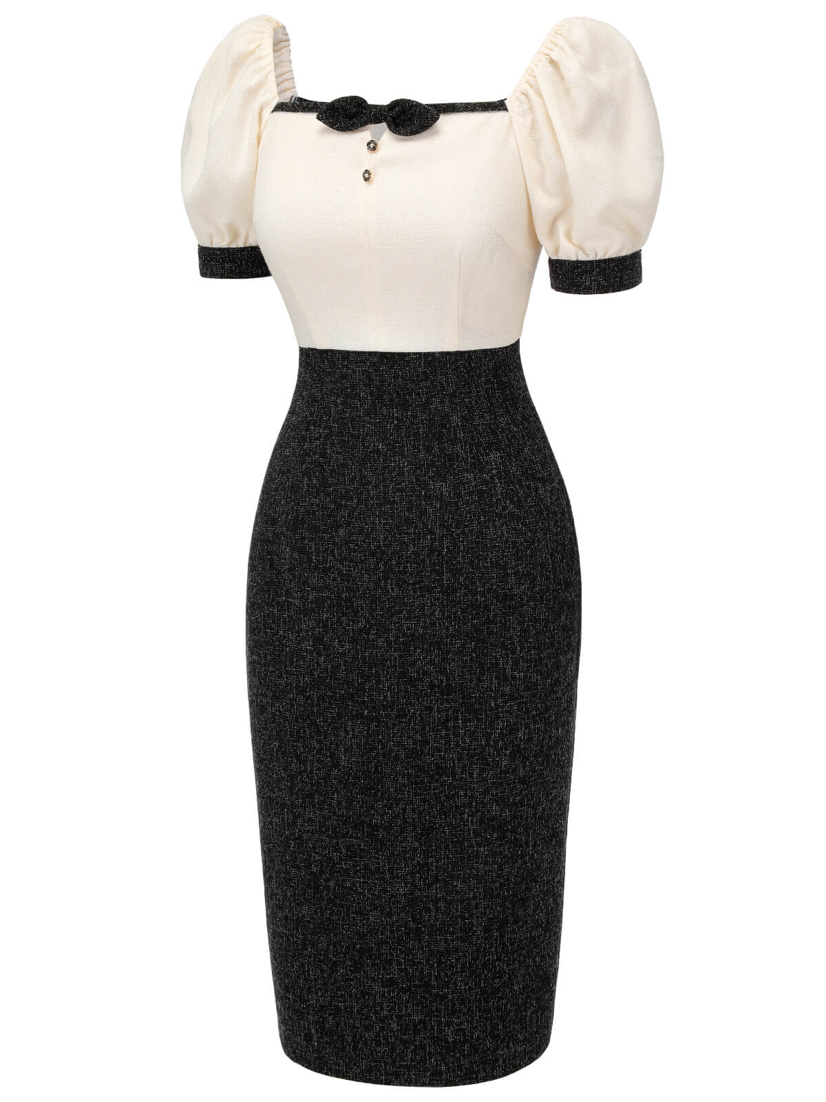 Black & Beige  Puff Sleeve Pencil Dress