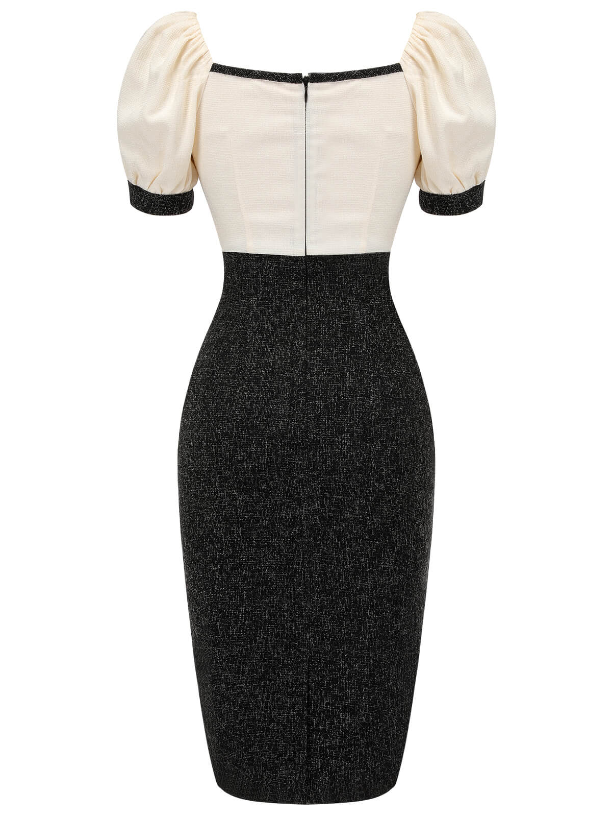 Black & Beige  Puff Sleeve Pencil Dress