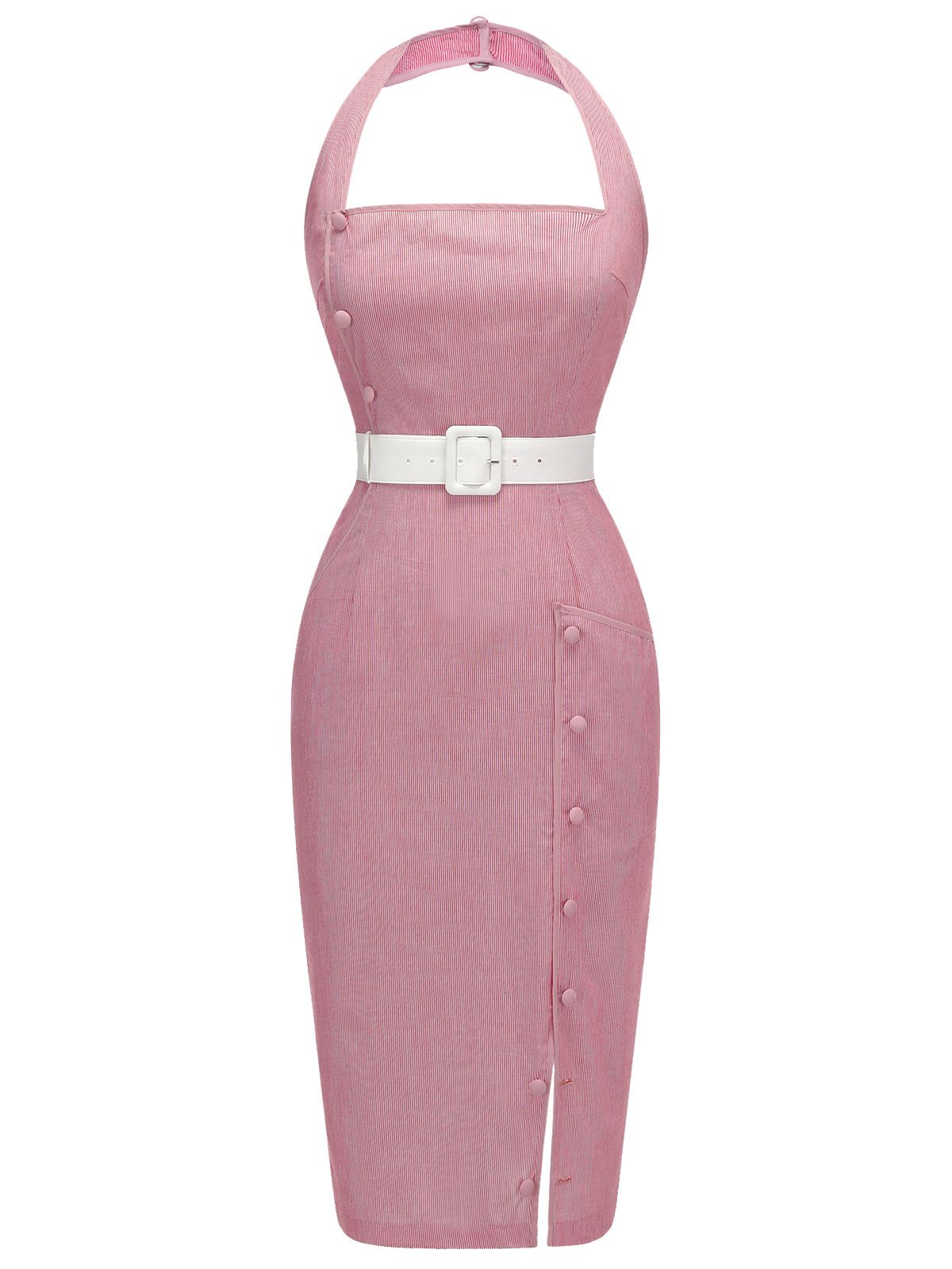 Pink  Halter Stripes Belted Bodycon Dress