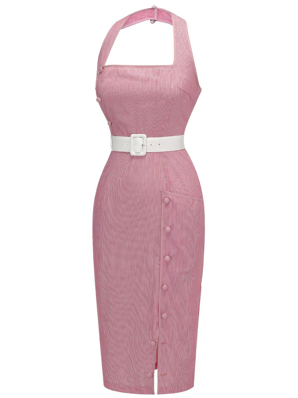 Pink  Halter Stripes Belted Bodycon Dress