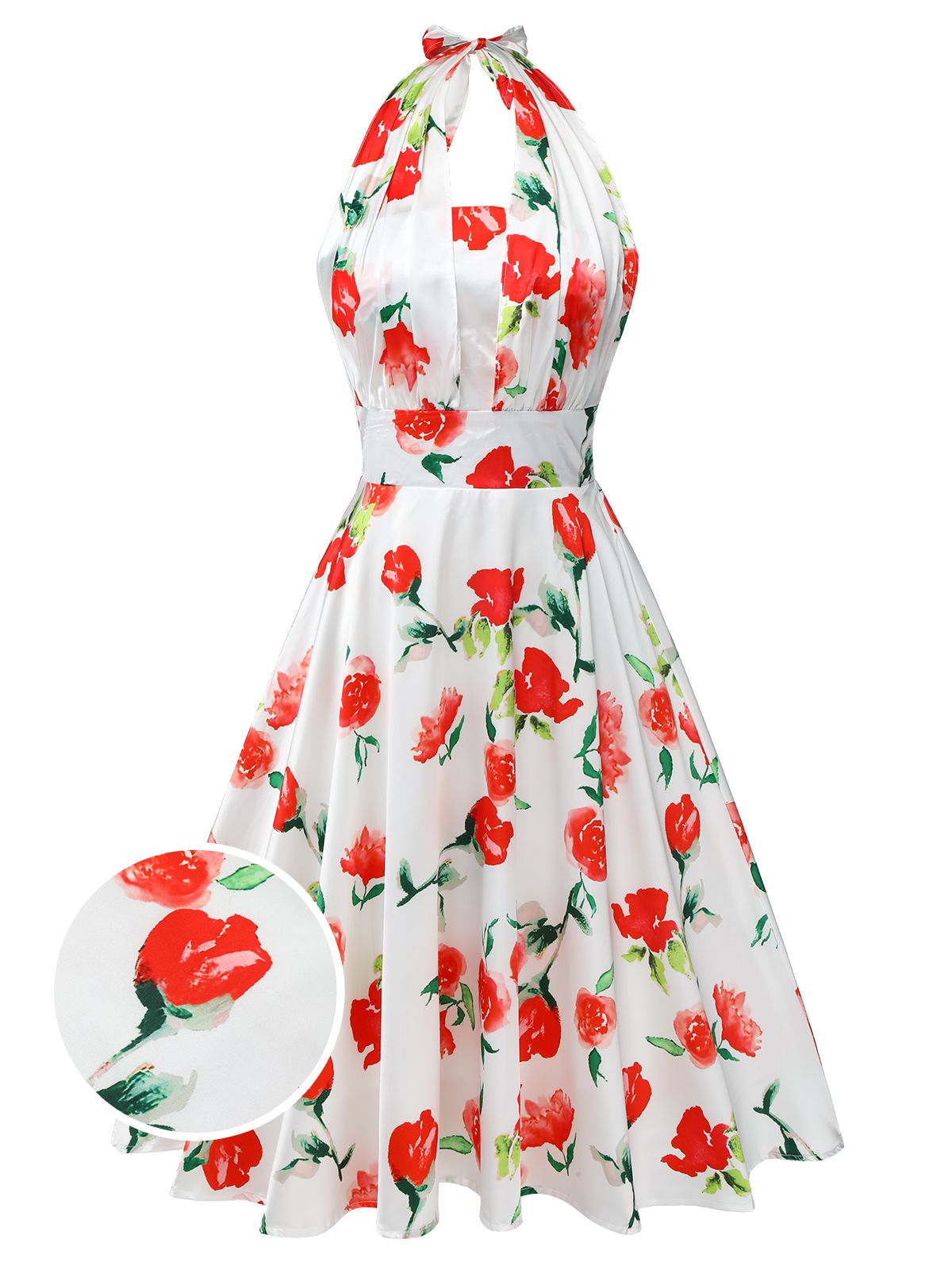 White Watercolor Rose Halter Dress