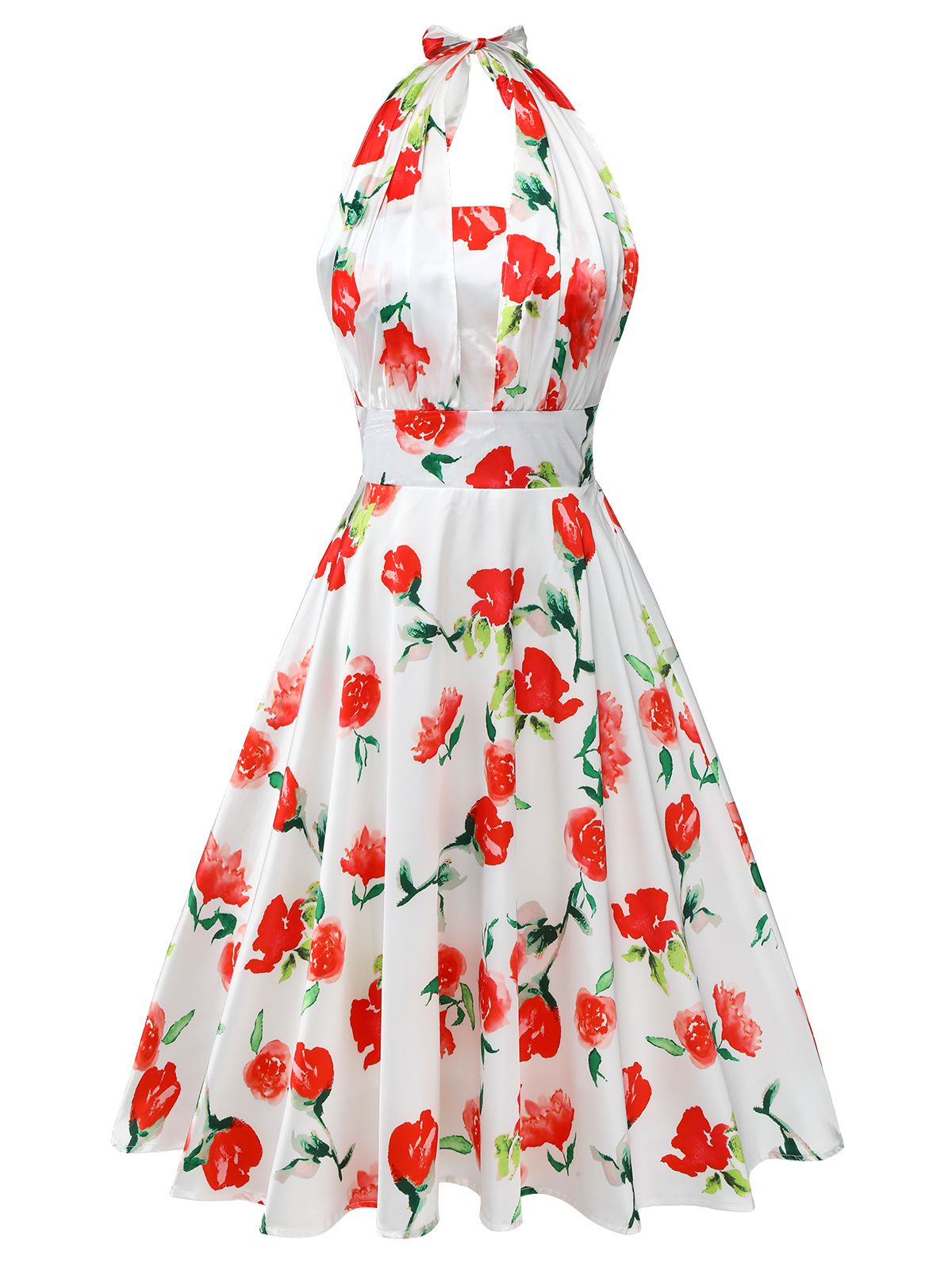 White Watercolor Rose Halter Dress