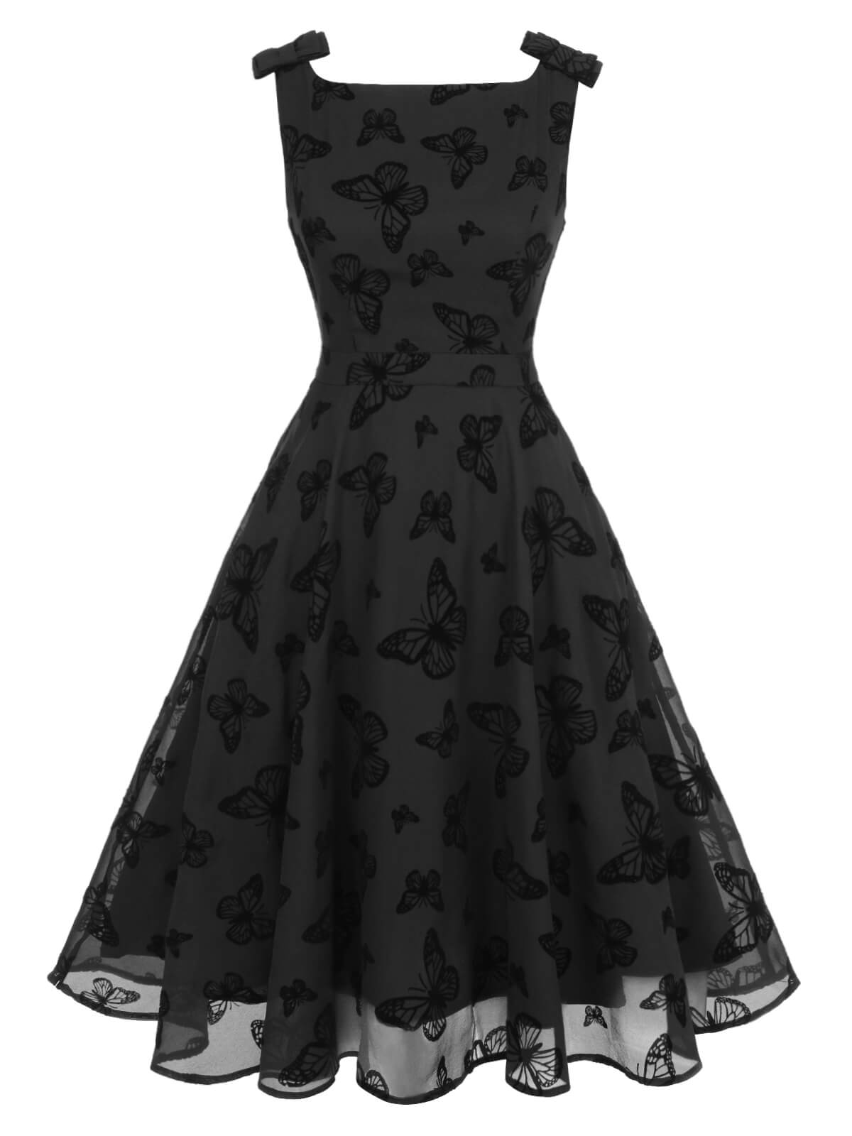 Black Butterfly Flocking Mesh Dress