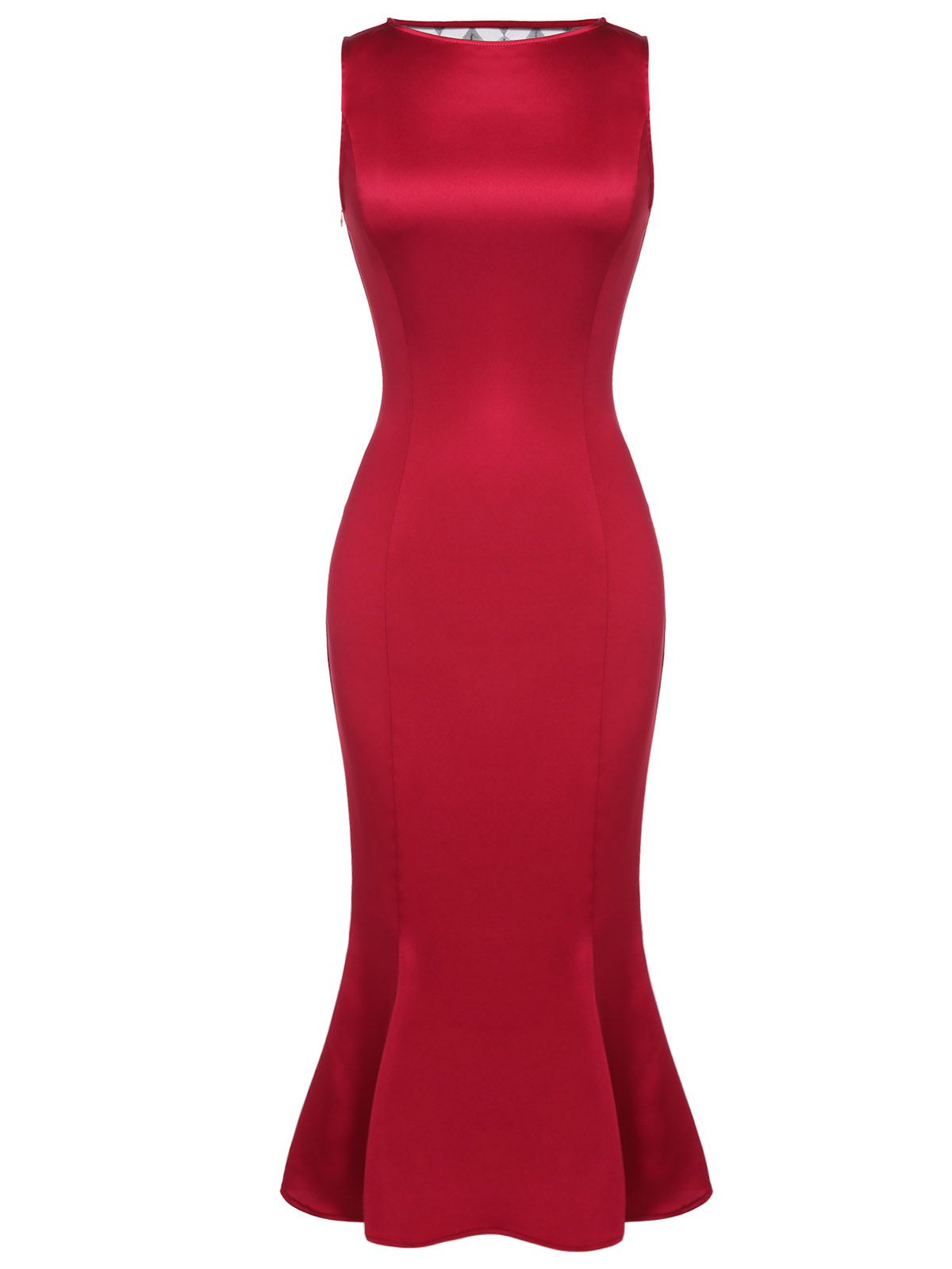 Deep Red Solid Bow Decor Fishtail Dress