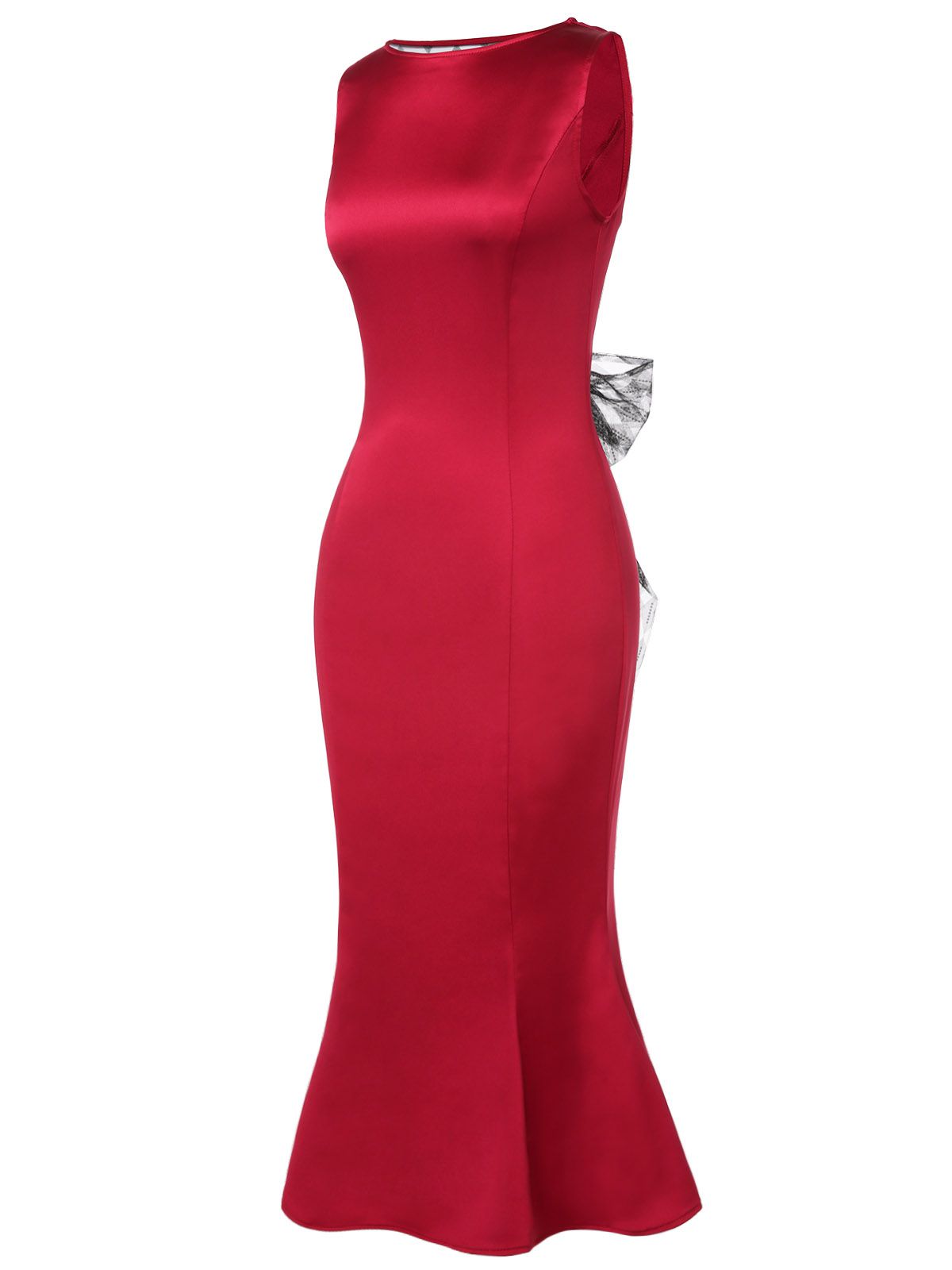 Deep Red Solid Bow Decor Fishtail Dress