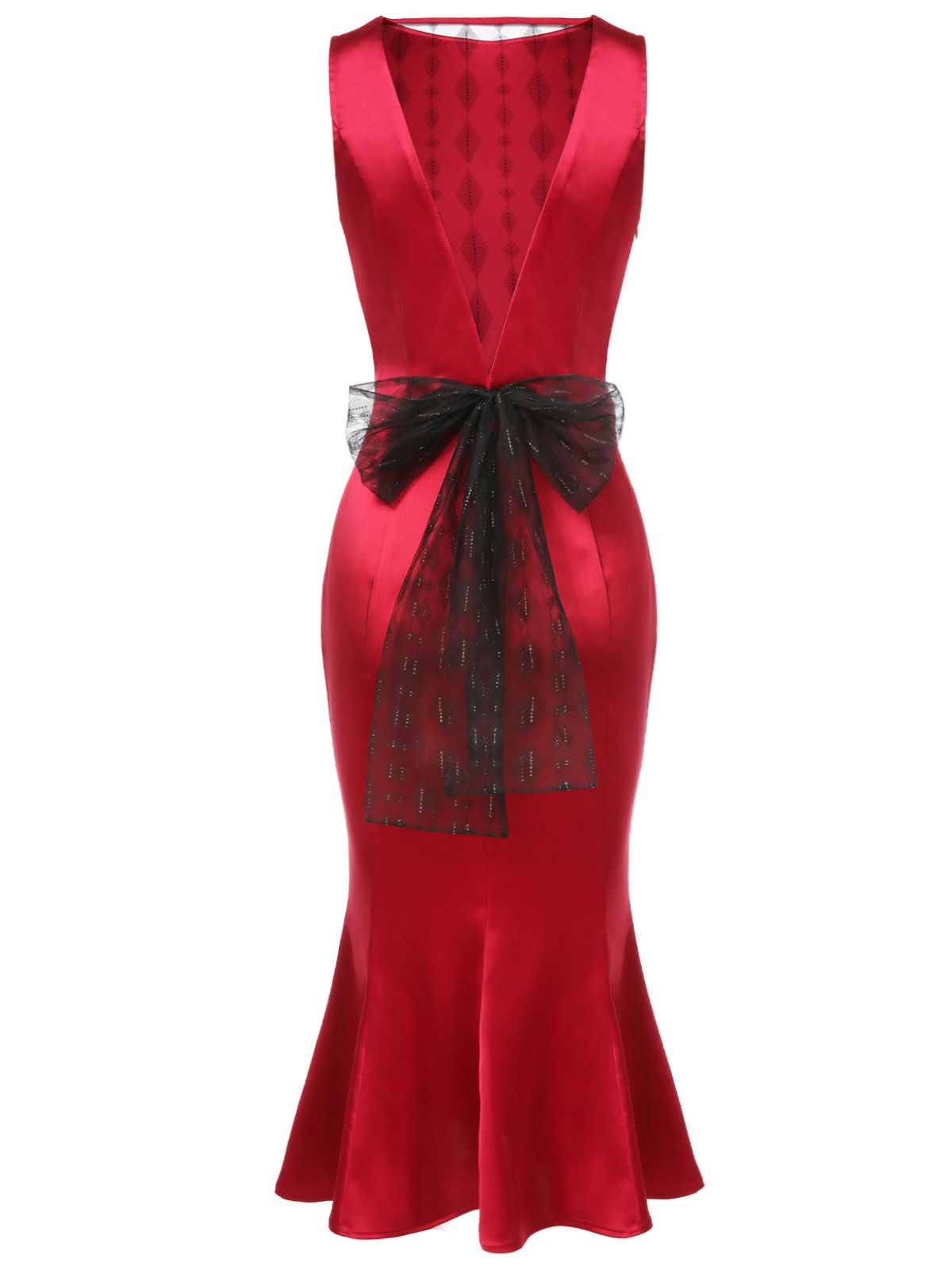 Deep Red Solid Bow Decor Fishtail Dress