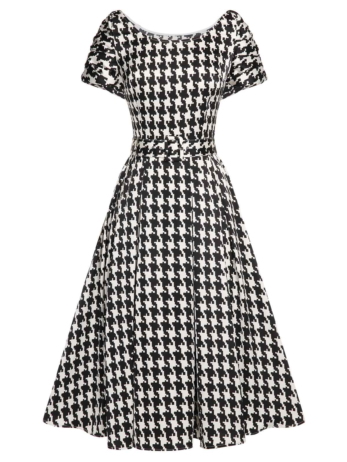 Black Houndstooth Short Sleeve Belted Dress