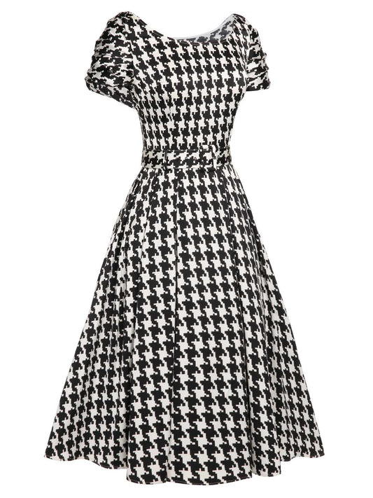 Black Houndstooth Short Sleeve Belted Dress