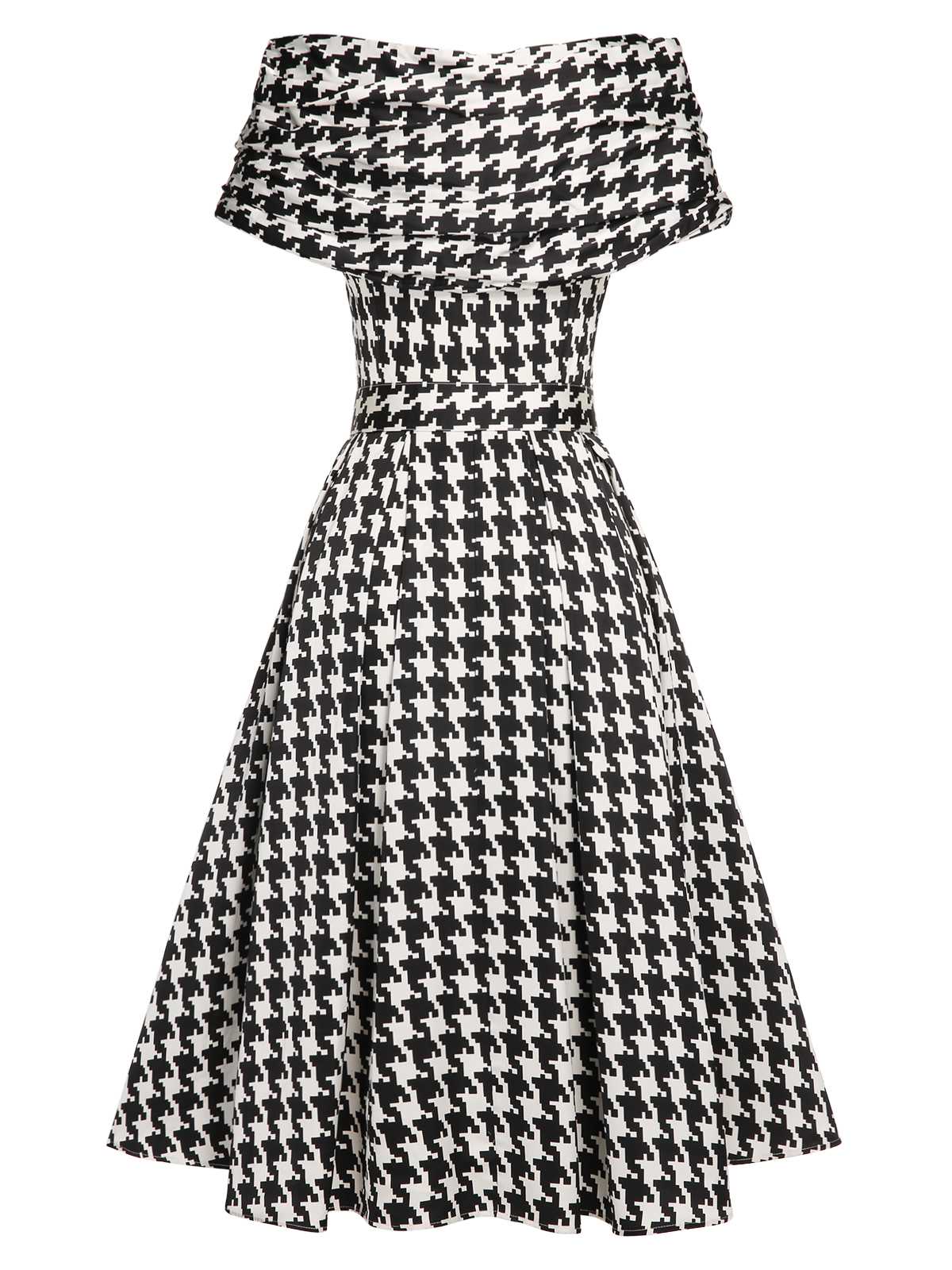 Black Houndstooth Short Sleeve Belted Dress