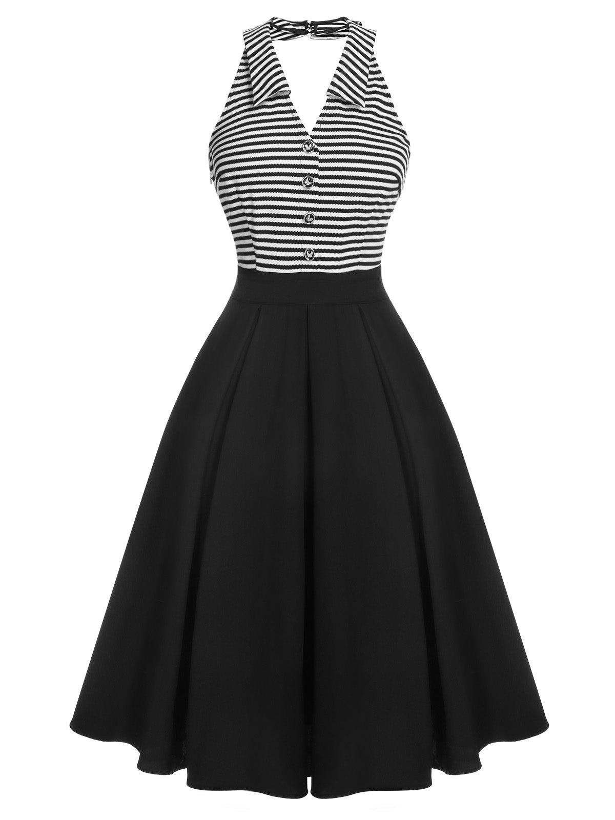 Black Stripe Lapel Halter Patchwork Dress