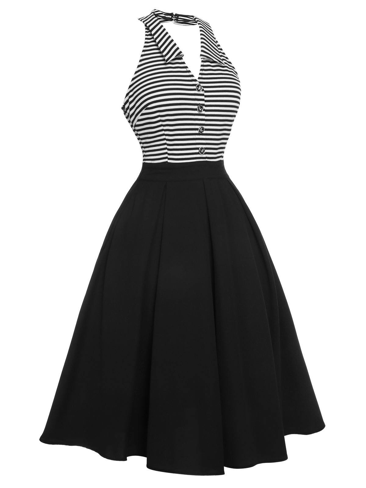 Black Stripe Lapel Halter Patchwork Dress