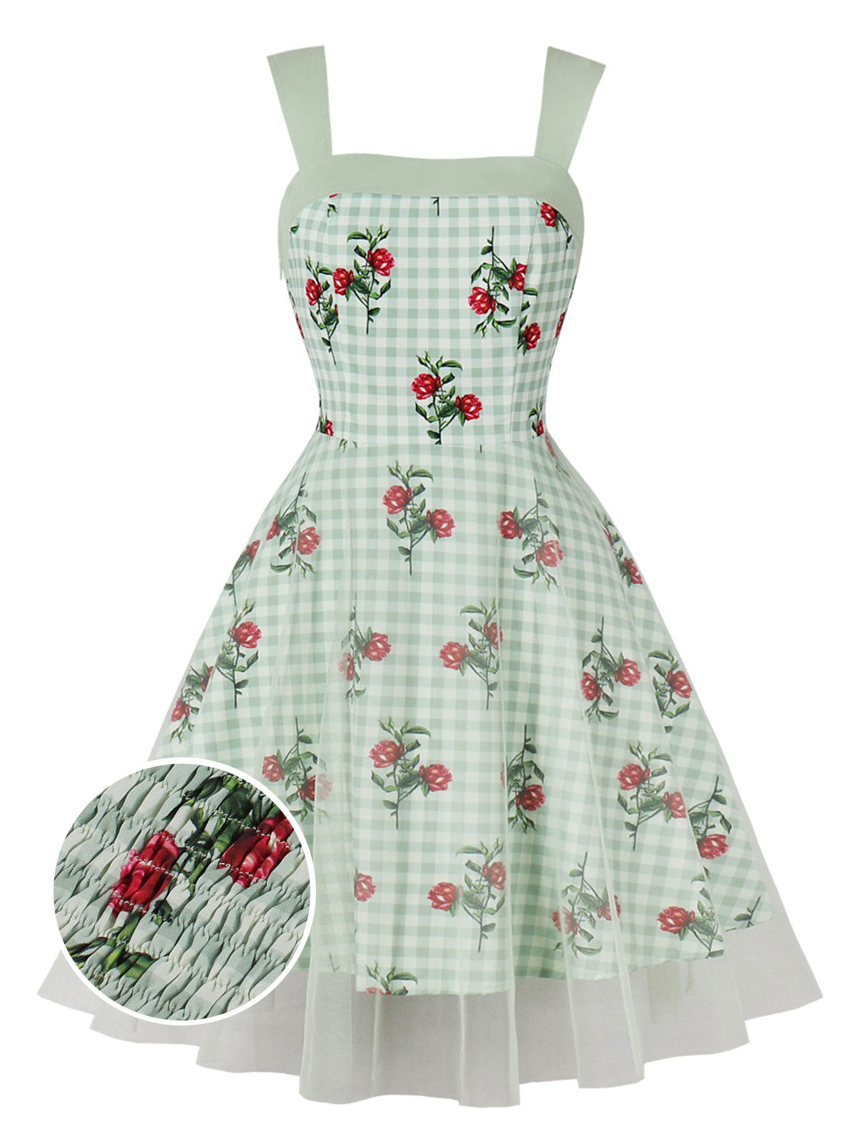 Green Plaid Floral Mesh Patchwork Dress