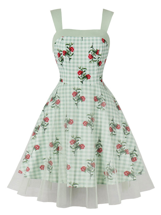 Green Plaid Floral Mesh Patchwork Dress