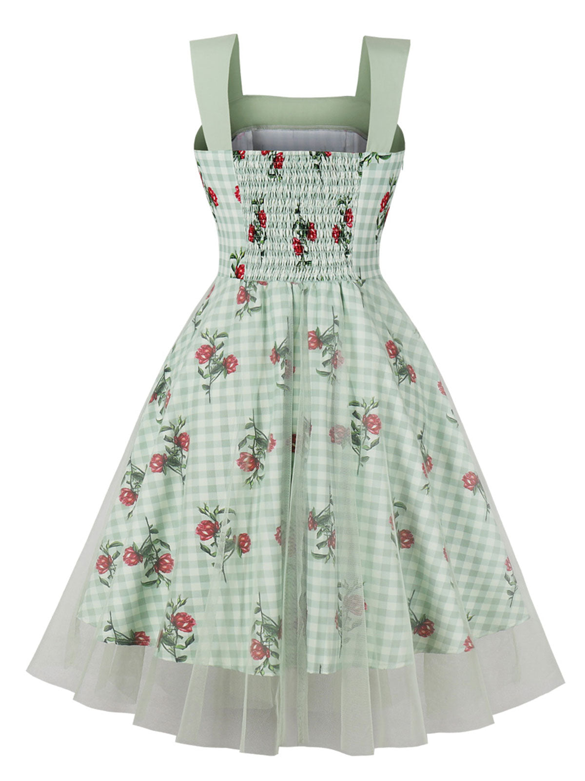 Green Plaid Floral Mesh Patchwork Dress