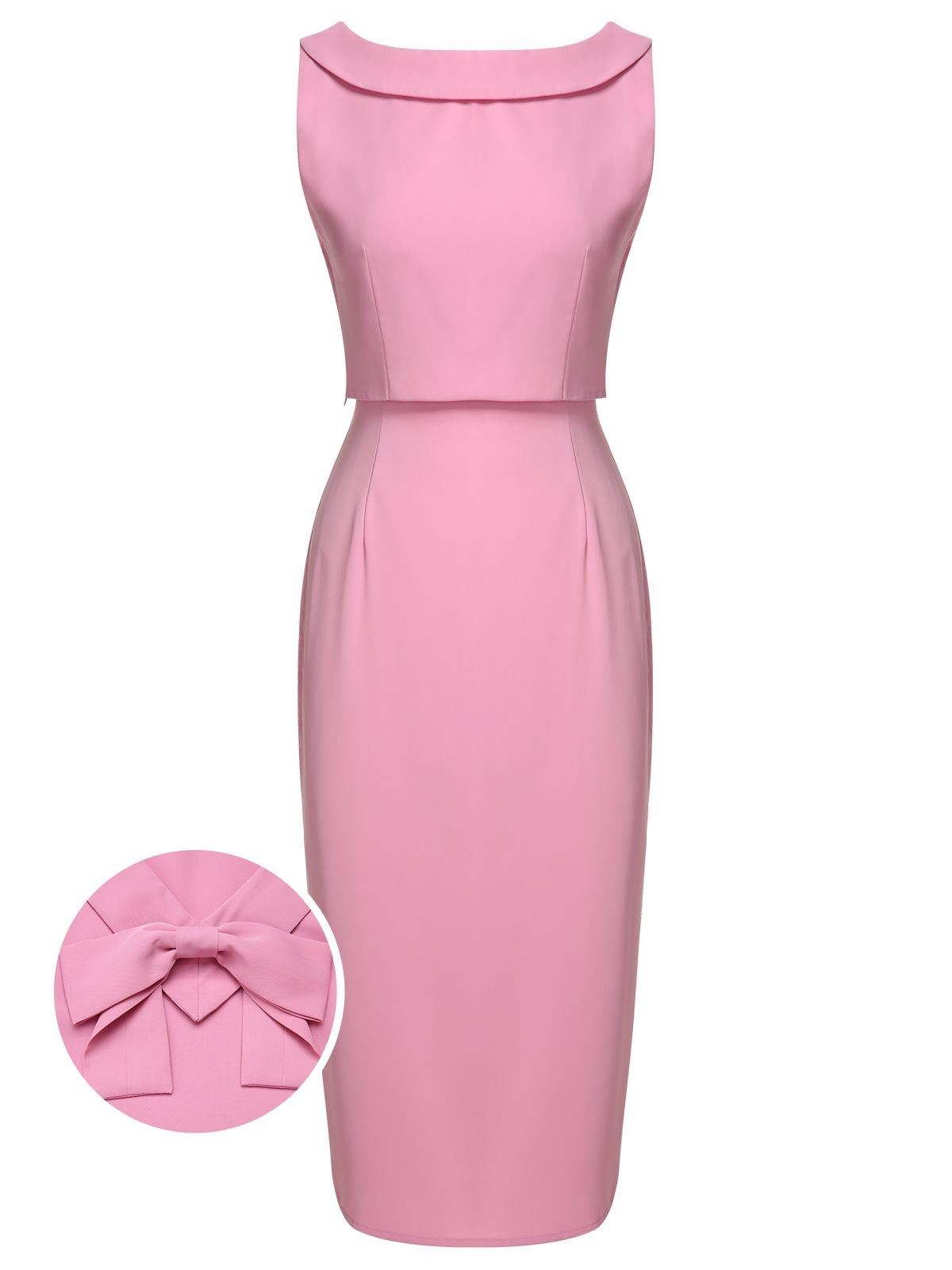 2PCS Pink  Lapel Bowknot Blouse & Solid Spaghetti Strap Dress