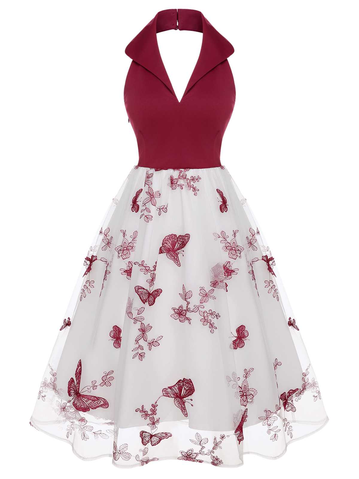 Wine Red Butterfly Lapel Mesh Dress