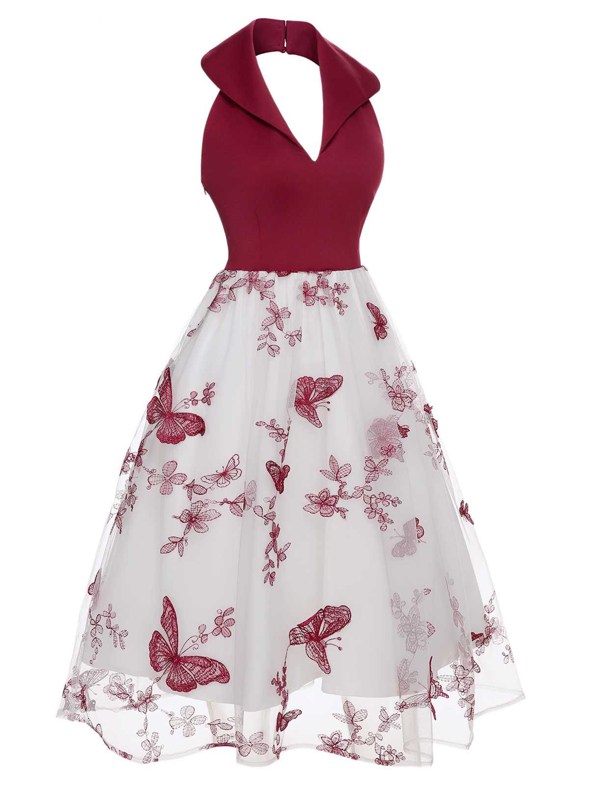 Wine Red Butterfly Lapel Mesh Dress