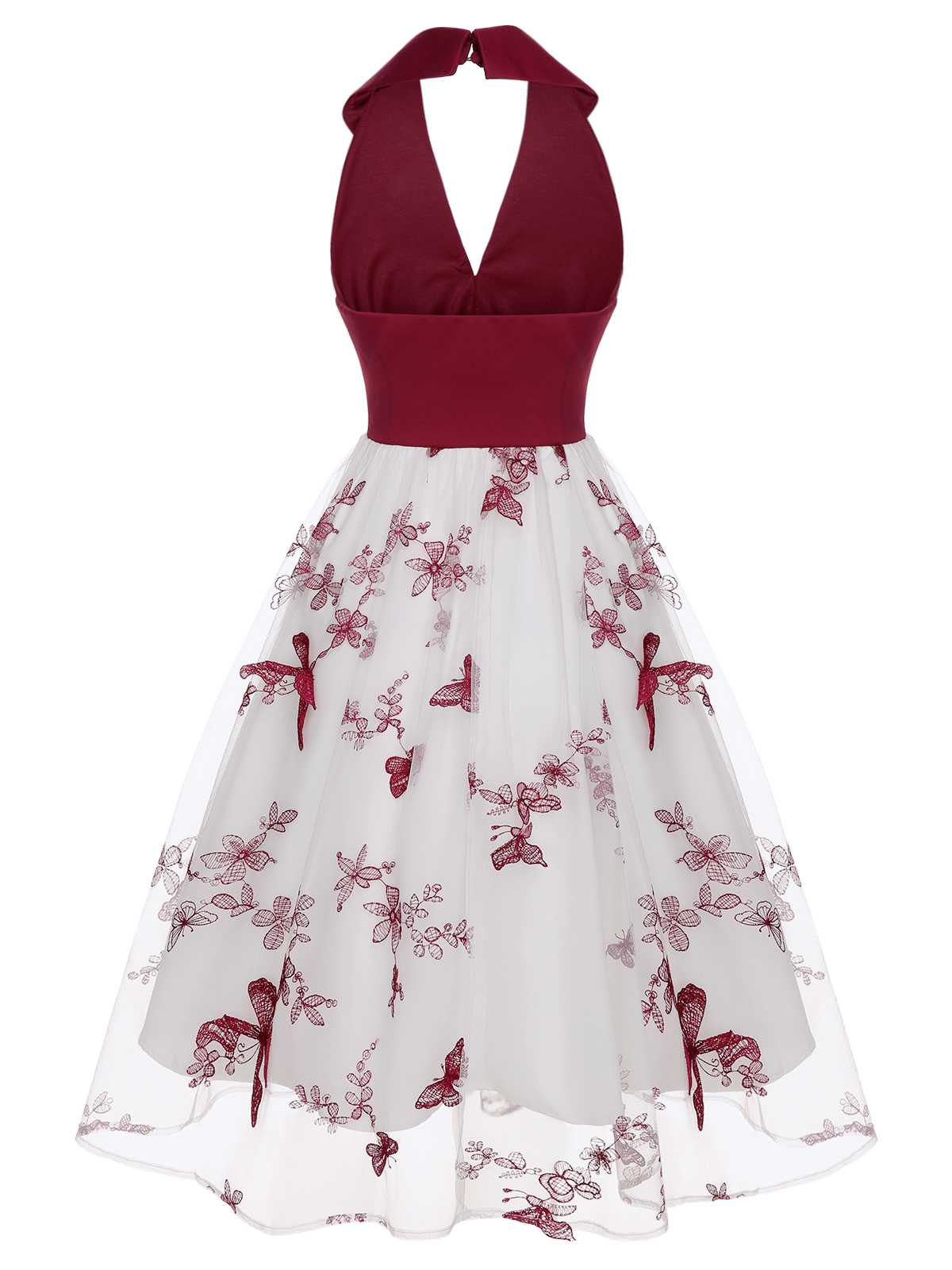 Wine Red Butterfly Lapel Mesh Dress