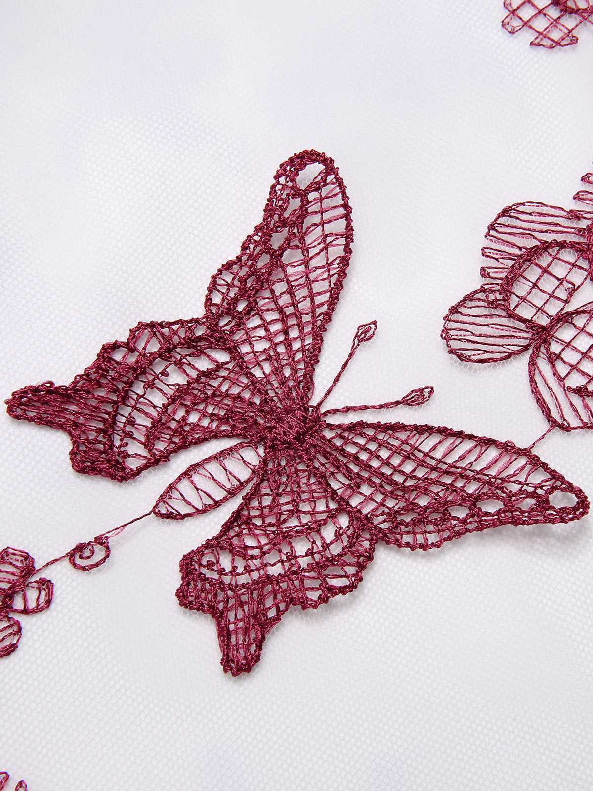 Wine Red Butterfly Lapel Mesh Dress