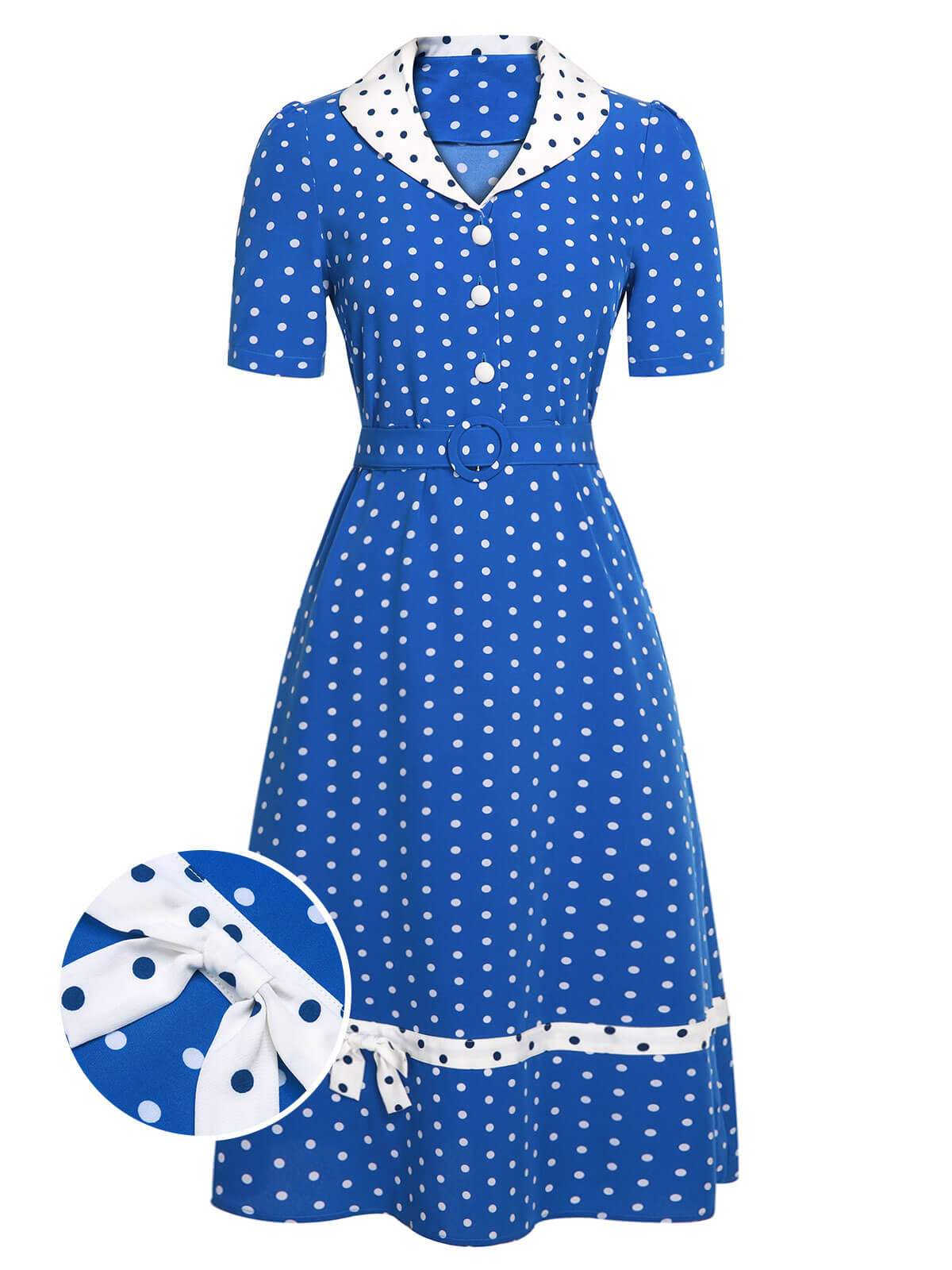 Blue & White Polka Dot Lapel Dress