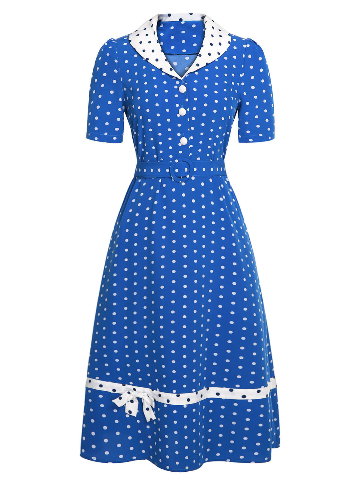 Blue & White Polka Dot Lapel Dress