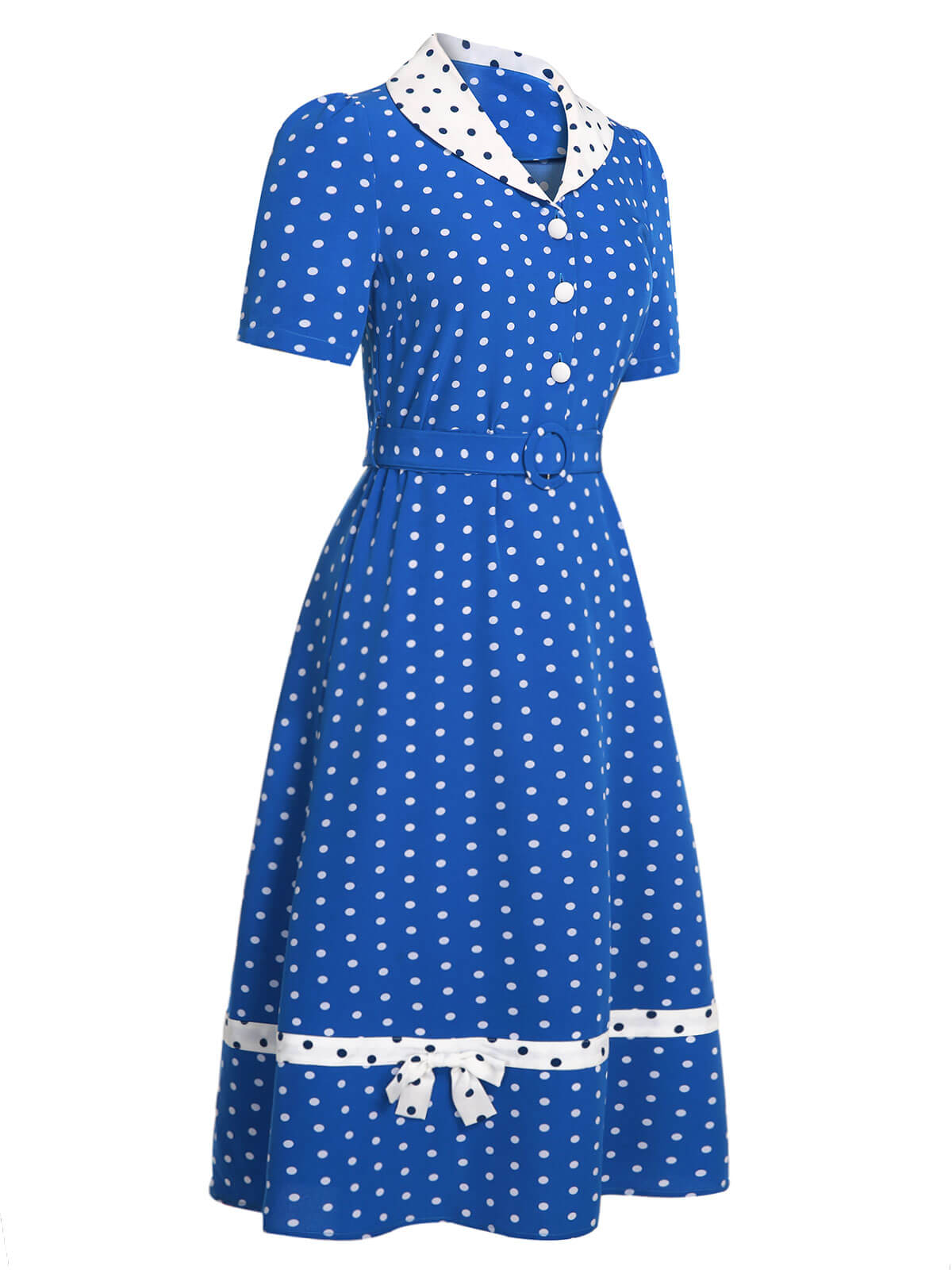 Blue & White Polka Dot Lapel Dress