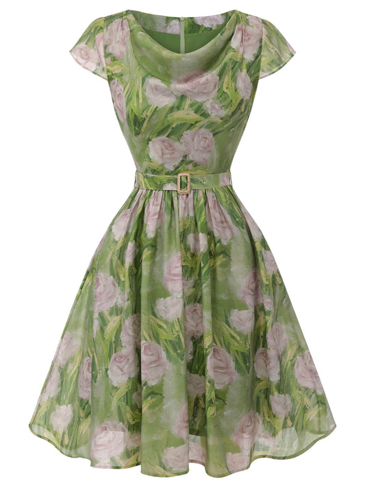 Green  Oil-Painting Rose Dress