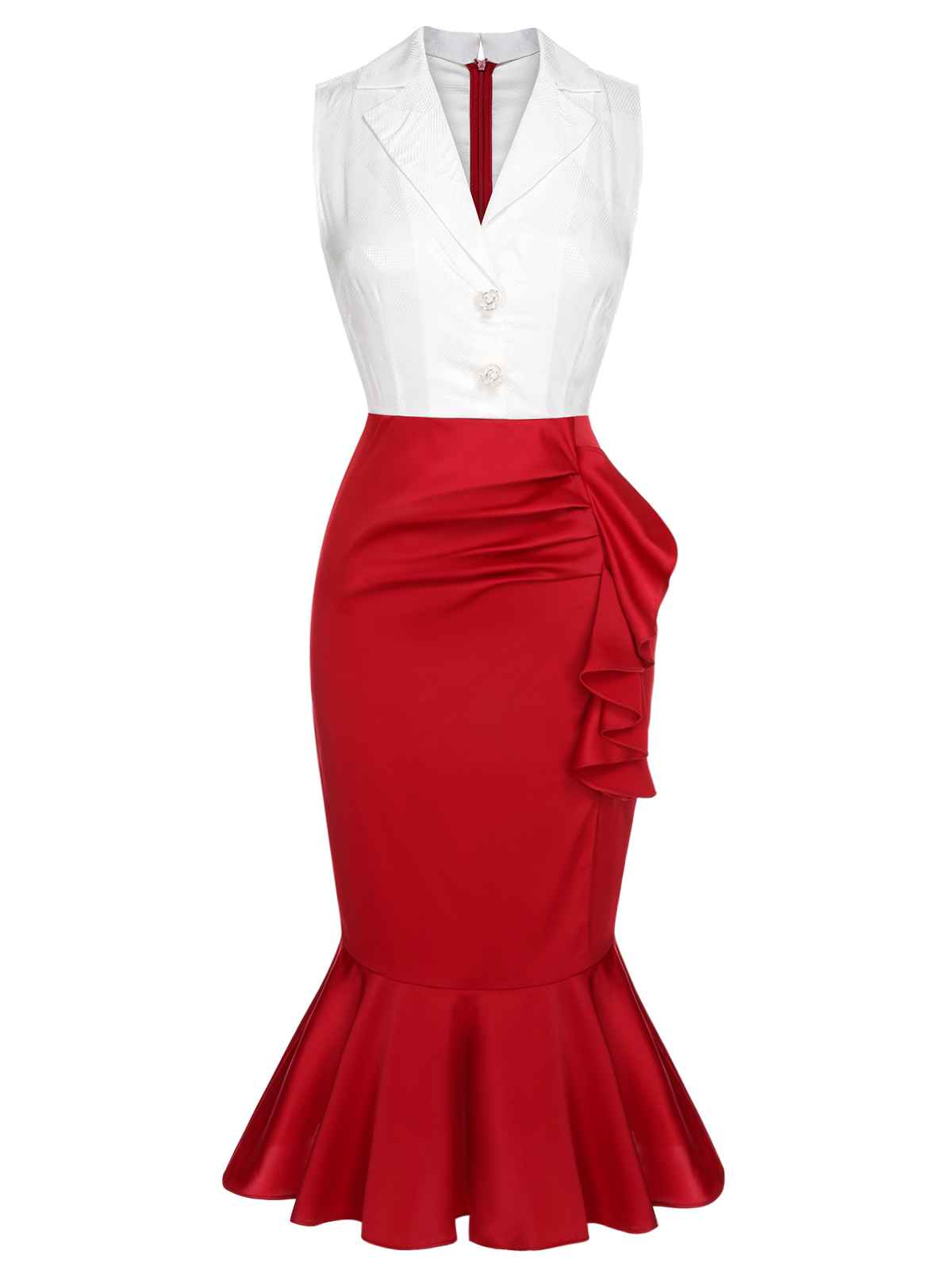 Red & White Sleeveless Slit Fishtail Dress