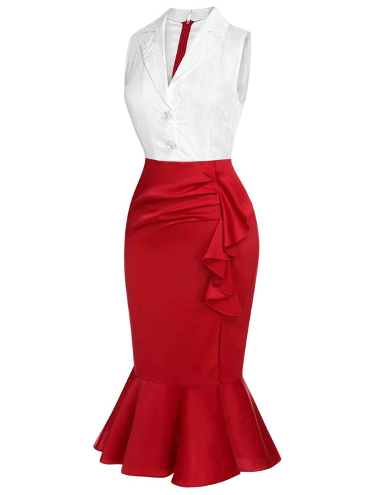 Red & White Sleeveless Slit Fishtail Dress